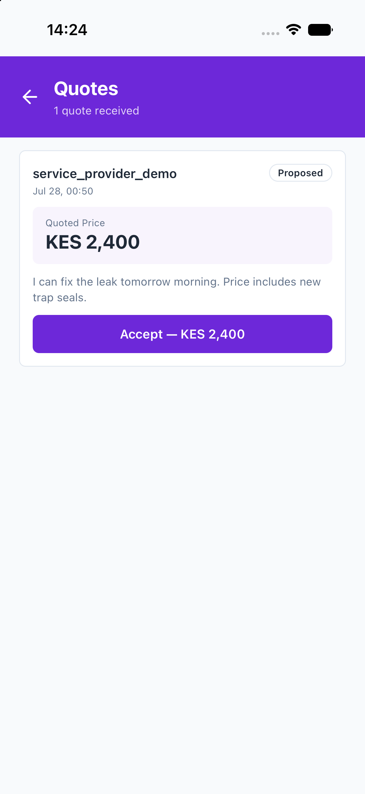 Quotes from providers with accept button