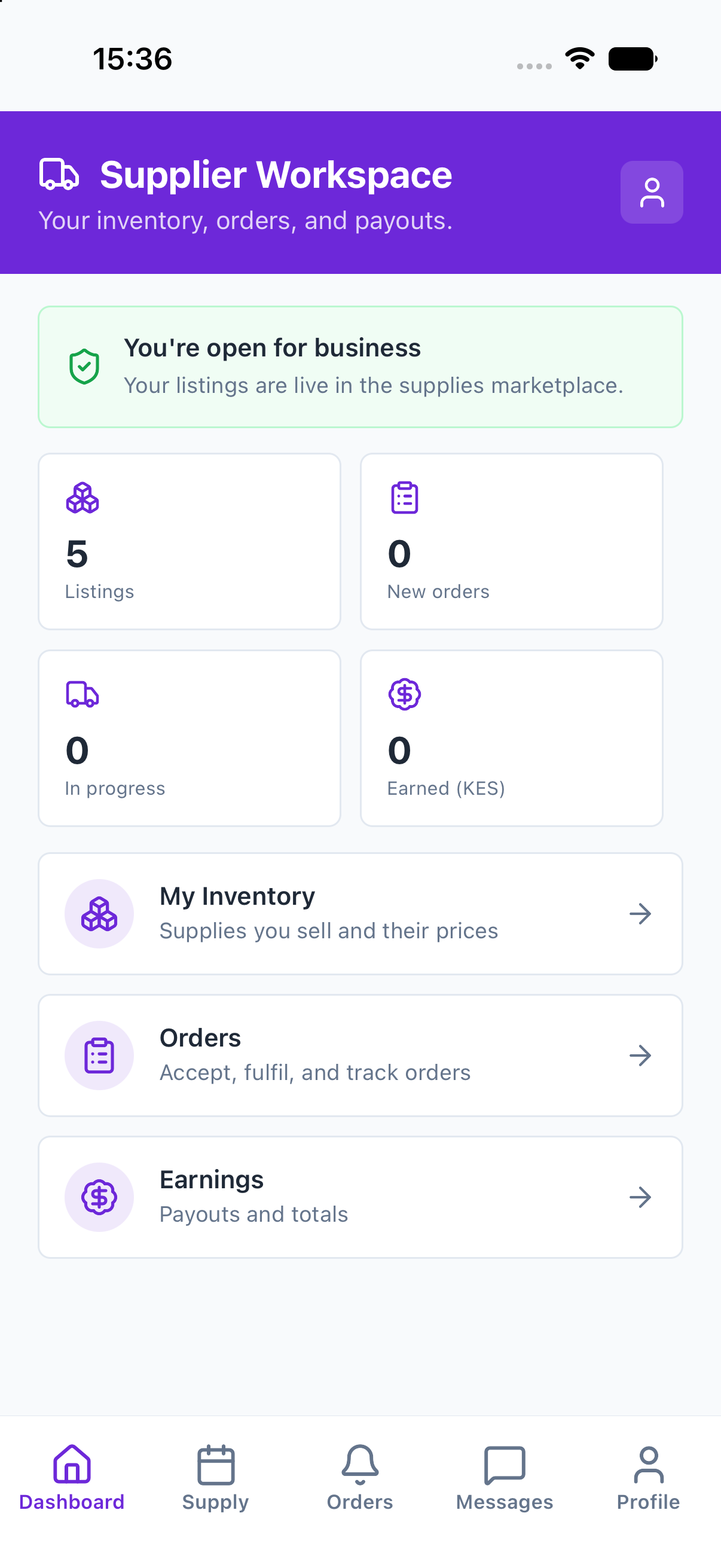 Supplier workspace dashboard
