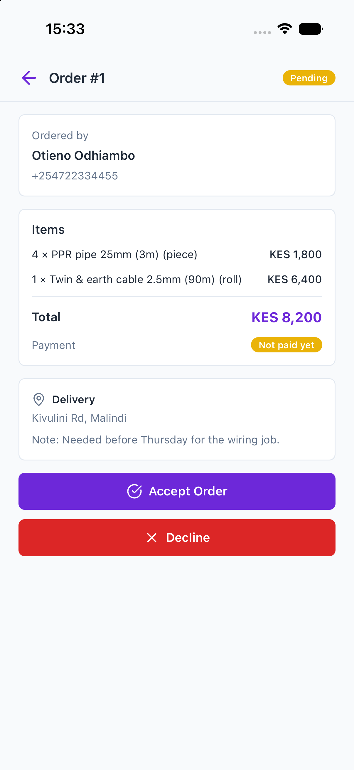 Supply order details with accept and decline actions